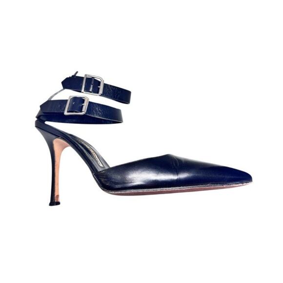 MANOLO BLANHNIK SCHIAVOCLO CARPETTO NERO ANKLE STRAP BLACK LEATHER SHOES 8B - Picture 1 of 7